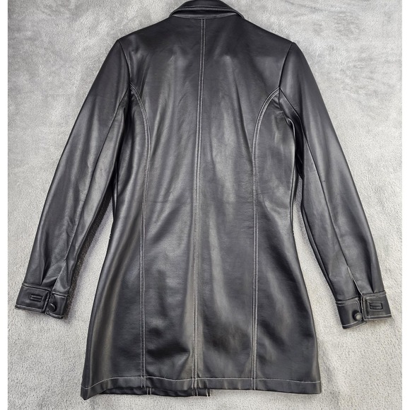 Neutral Zone Coat Womens Small Black Faux Leather  Longline Button Front Vintage - Picture 2 of 15